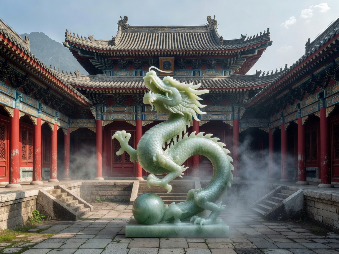 Ancient Chinese imperial architecture and jade dragon sculpture representing Taoist celestial court