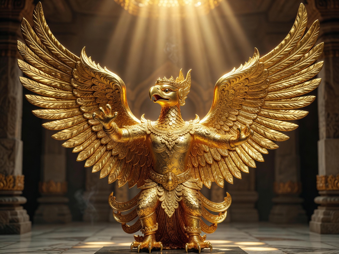 Intricate golden statue of the mythological avian king Garuda with outstretched wings