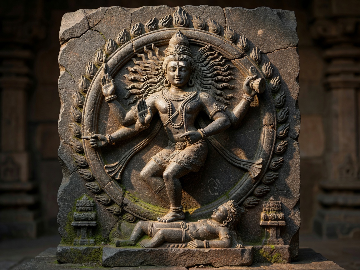 Intricate stone carvings of Shiva Nataraja performing the cosmic dance of destruction and creation