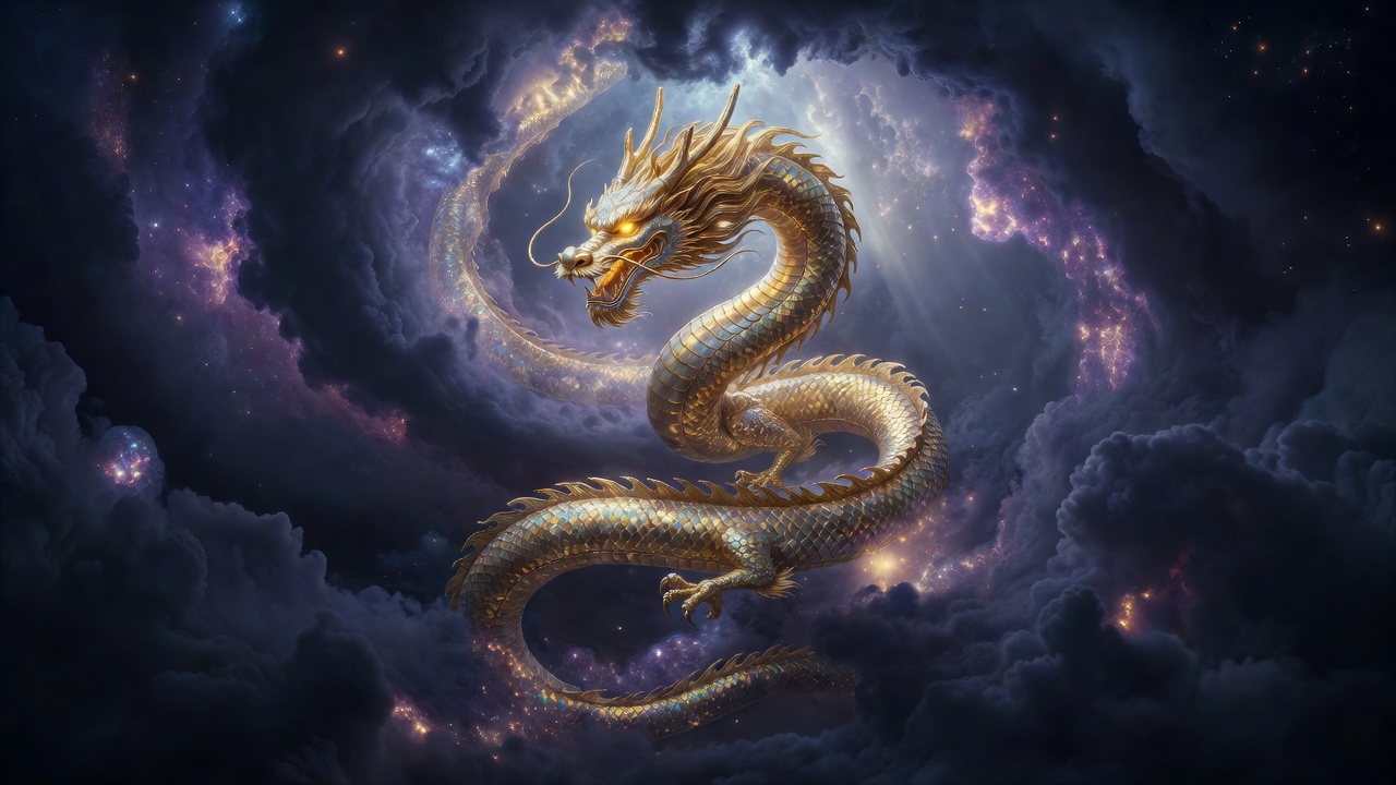 Majestic golden Eastern dragon spiraling through celestial dark clouds