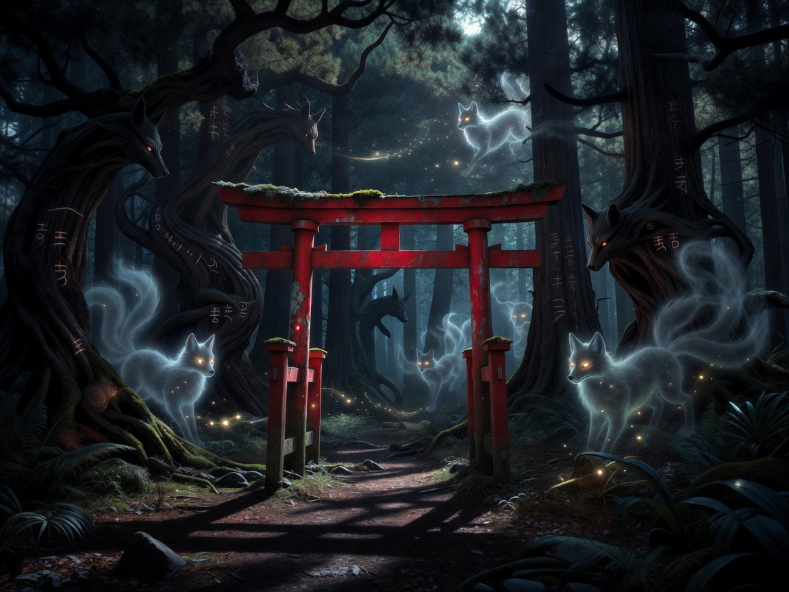 Mystical red Japanese shrine gate surrounded by enchanted forest shadows depicting Kitsune spirit territory