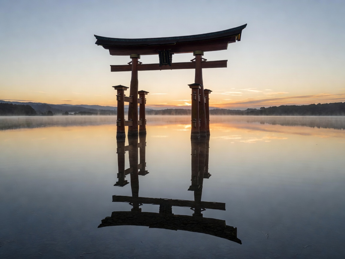Torii gate rising out of serene water at sunrise symbolizing the sacred threshold of Japanese Kami